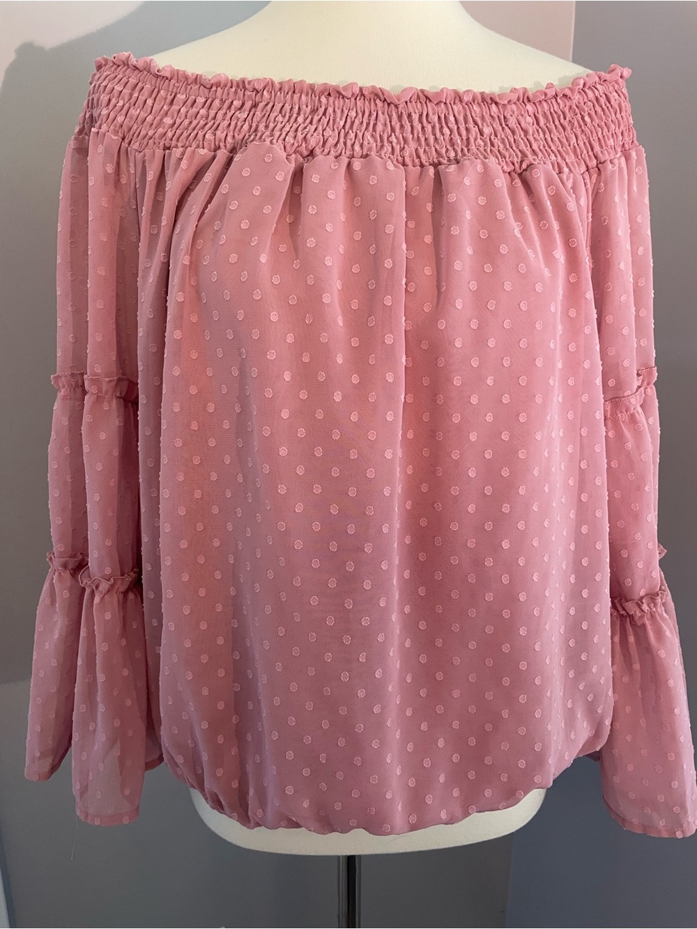 New York & Company Pink Off-Shoulder Dot Tiered Sleeve Blouse